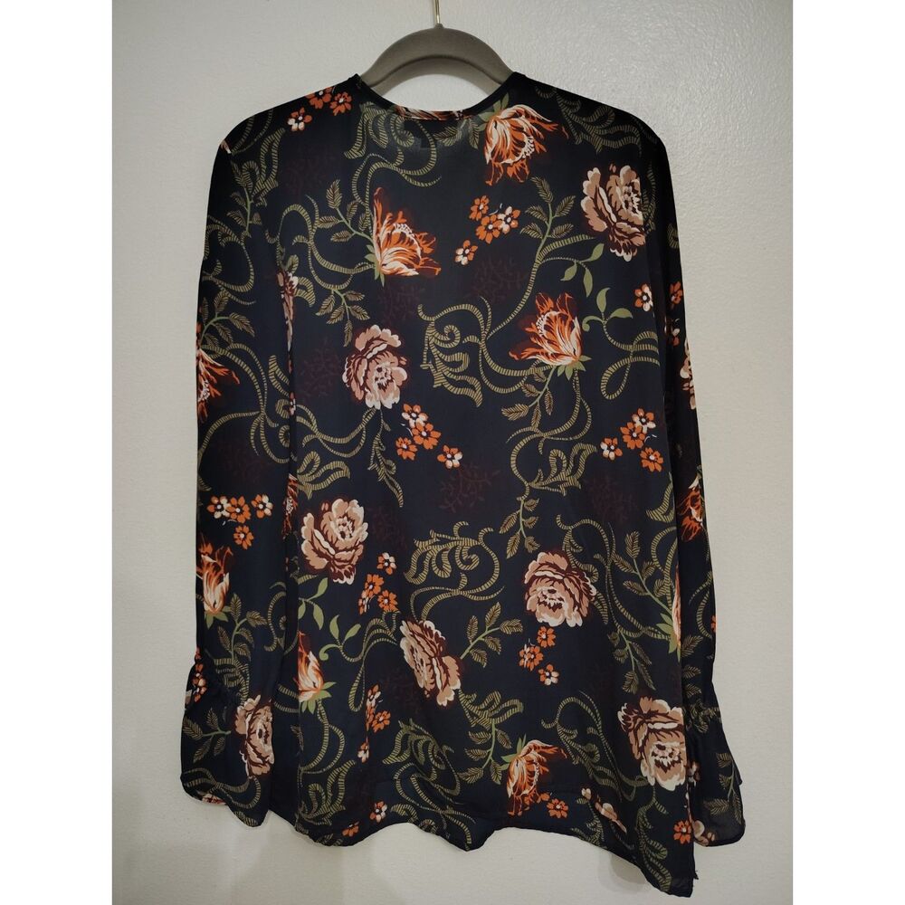 LOFT XL Black Blue Floral Ruffle Blouse Long Bell Sleeve Boho Cottagecore - Picture 5 of 7